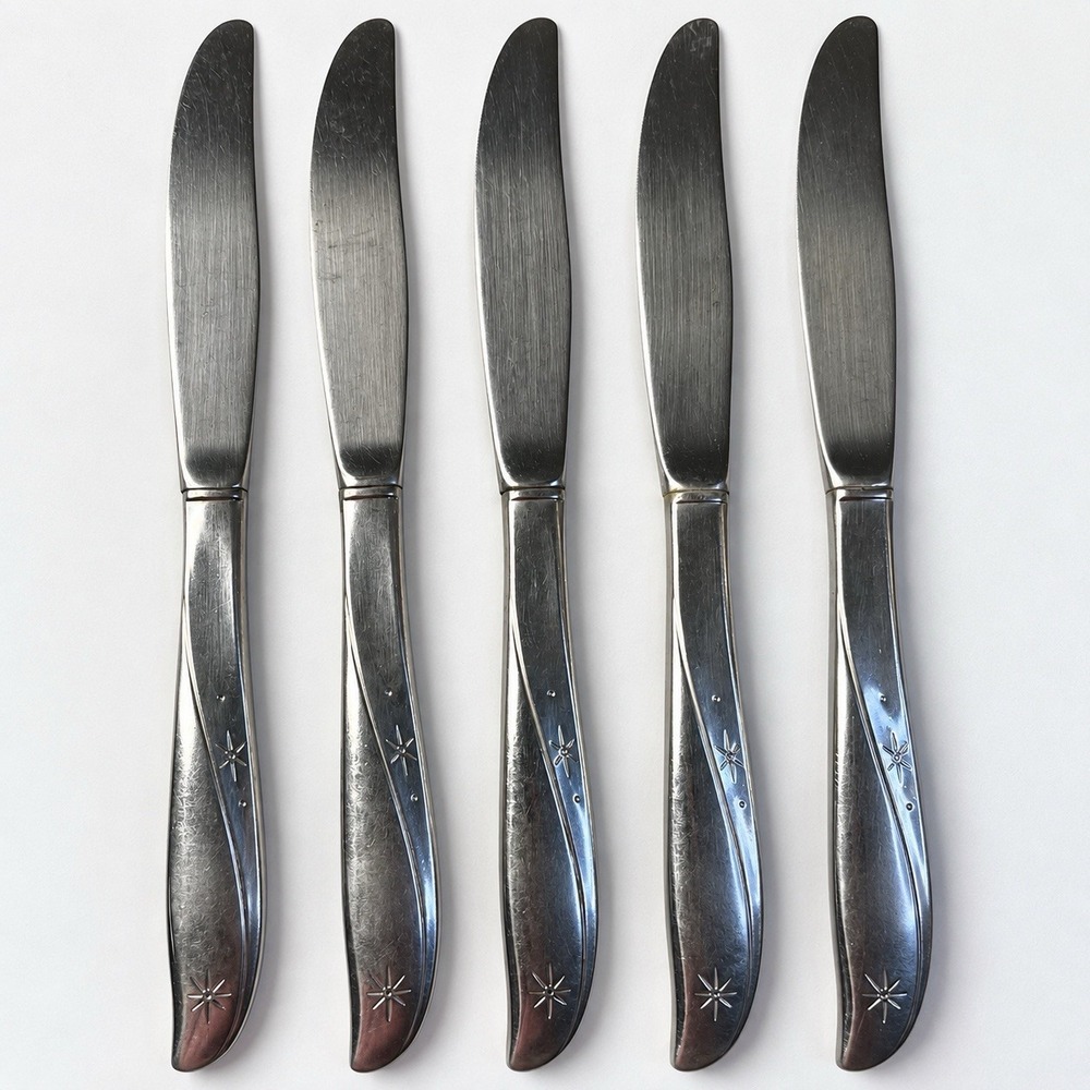 Oneida Community Twin Star 5 Dinner Knives Atomic Starburst MCM Vintage